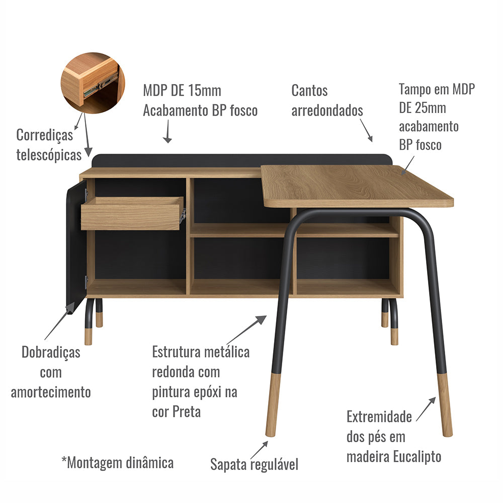 Mesa de escritório executiva com balcão Credenza 28003 Flexus - Artesanato - 75AX136/136LX60/37,5P